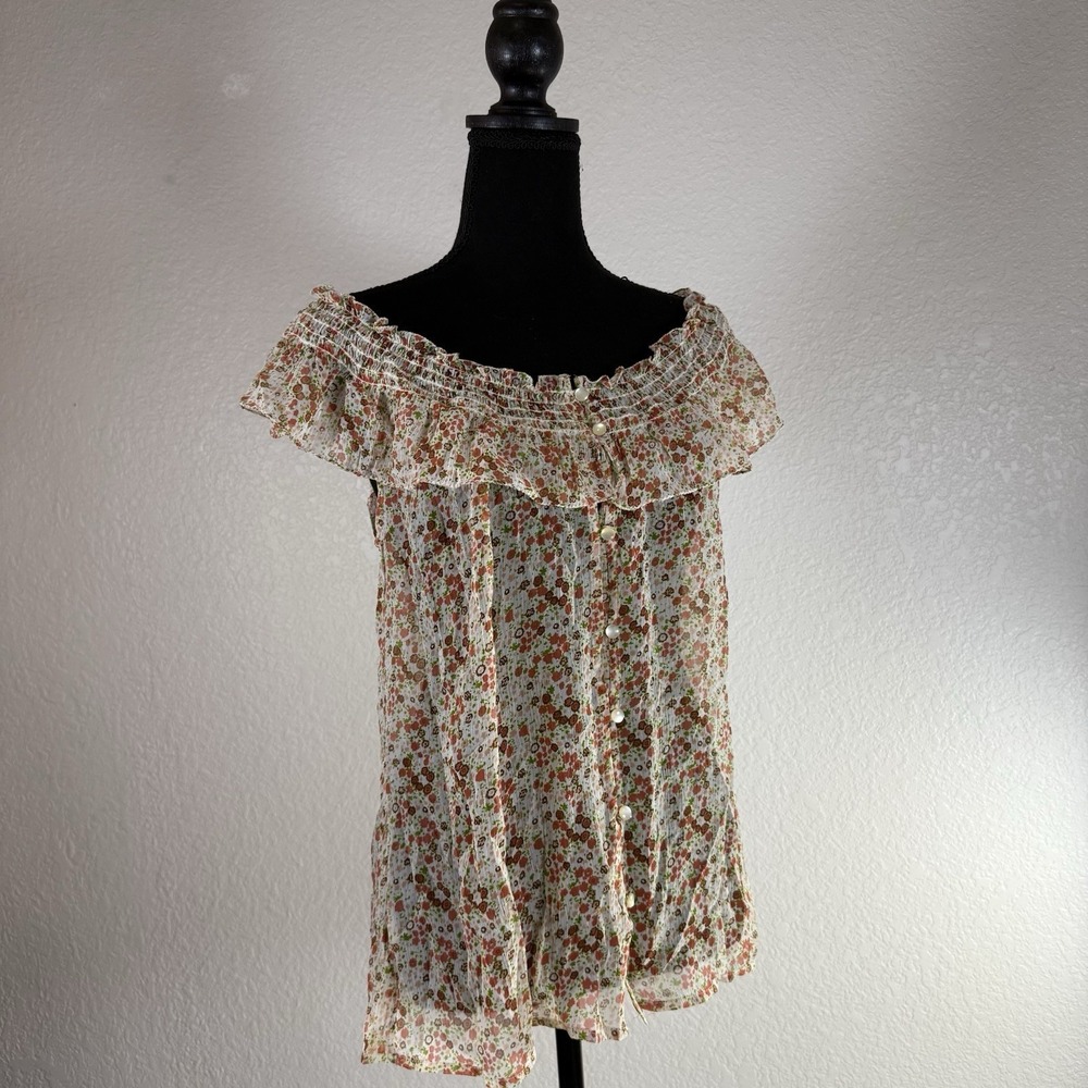 Old‎ Navy Semi Sheer Blouse Womens Size Medium Floral Short Ruffle Sleeve Blouse